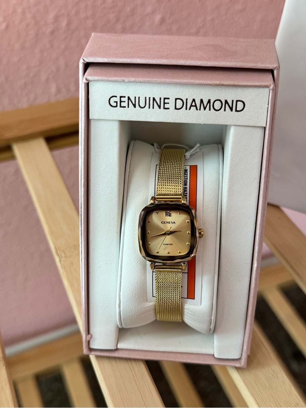 Geneva Gold-Tone Mesh Bracelet Watch with Diamond Accent